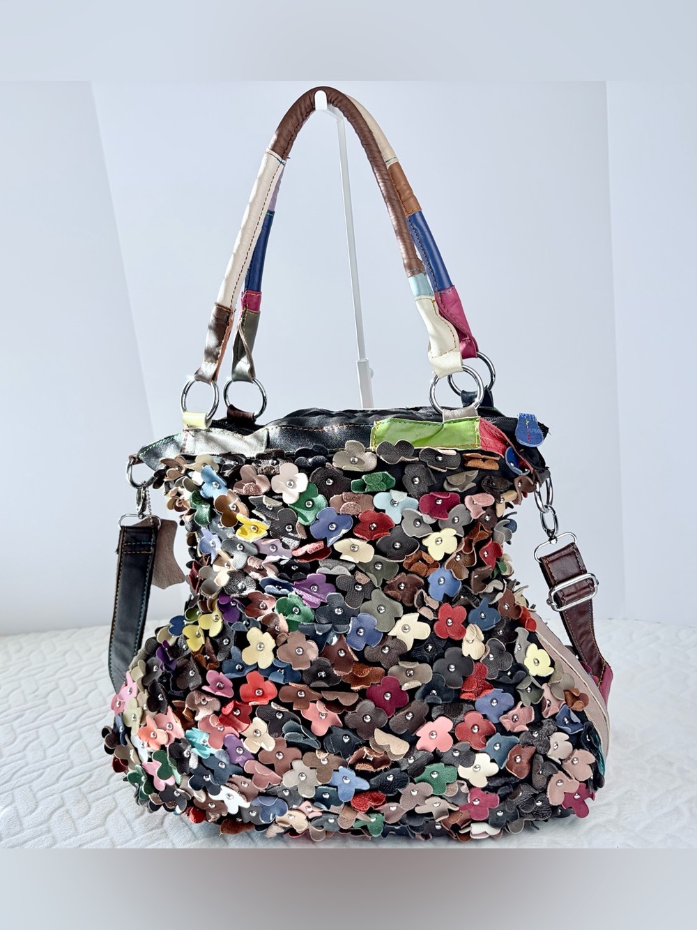 Genuine Leather AmeriLeather Bag with 3D Floral Appliqués Boho Statement Piece